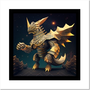 the golden armored kaiju ecopop in mexican patterns dragon winged beast Posters and Art